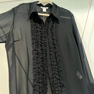 Nygard black shear blouse with ruffled detail and cuffed wrists